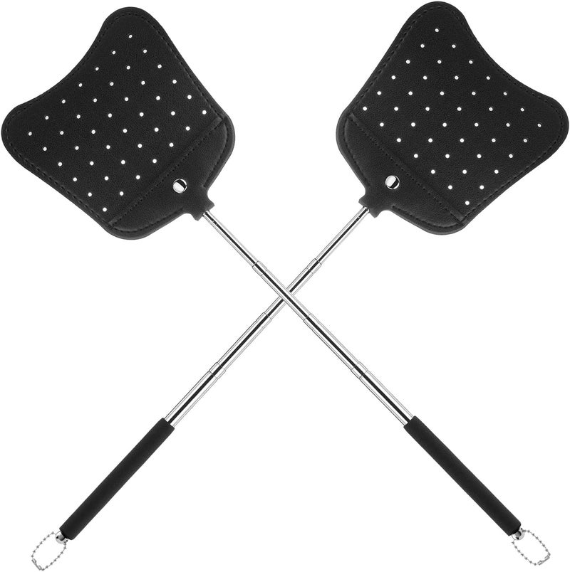 Foxany Leather Fly Swatter, Telescopic Fly Swatters Heavy Duty Set, Flexible Manual Flyswatters Pack, Extendable Swatter with Long Metal Handle for Indoor Outdoor, 2 Pack - Image 1